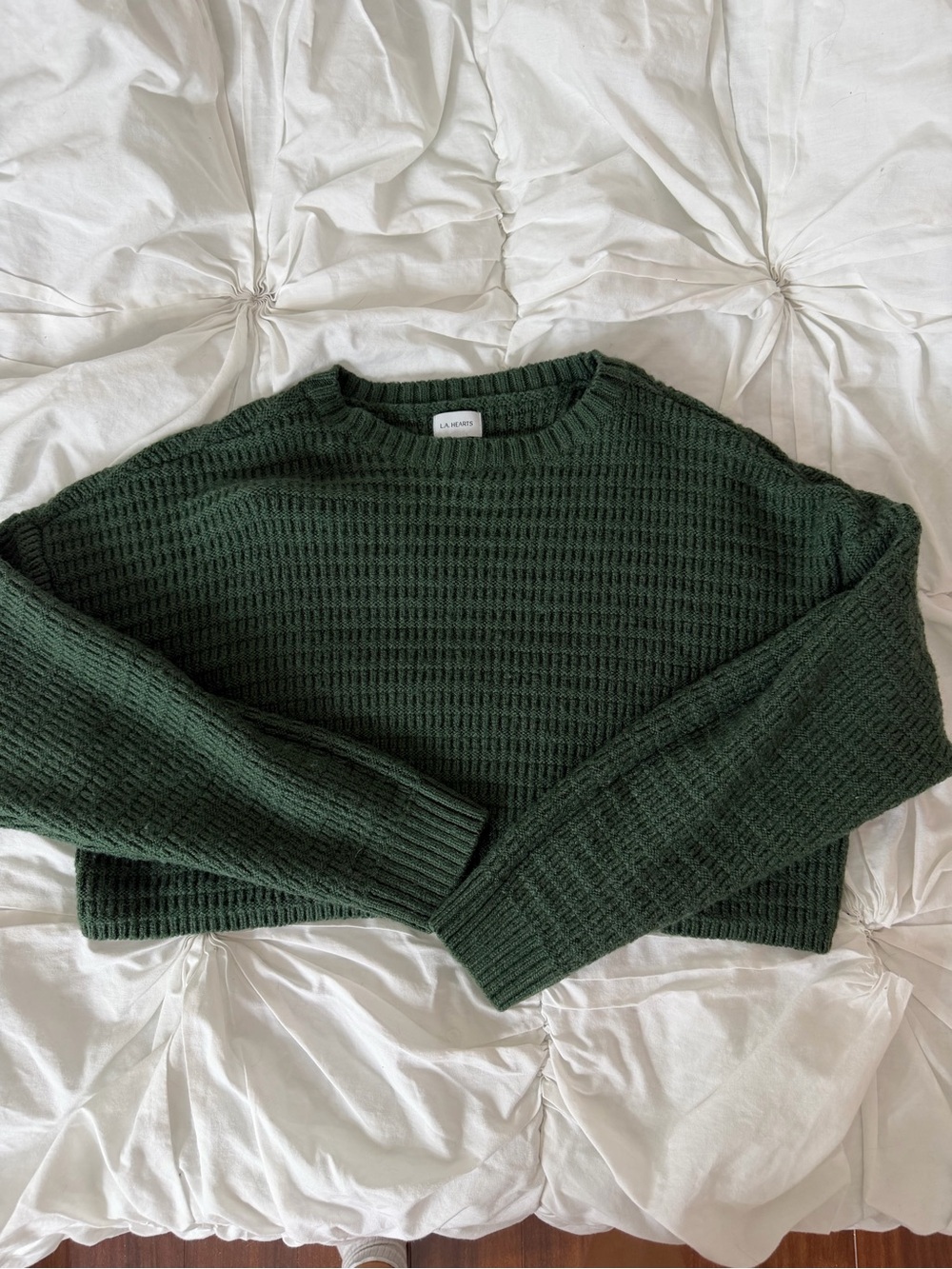 La Hearts Dark Forest Green Waffle Crewneck Sweater